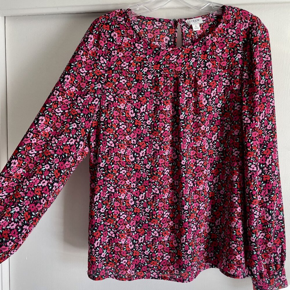 J. Crew Womens Top Pink Floral Peasant Blouse Size S Long Sleeve Keyhole Back